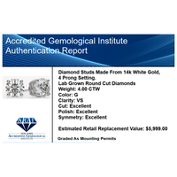 4.00 CTW AGI Certified Lab Grown Diamond Stud Earrings in 14K White or Yellow Gold - G Color VS Clarity
