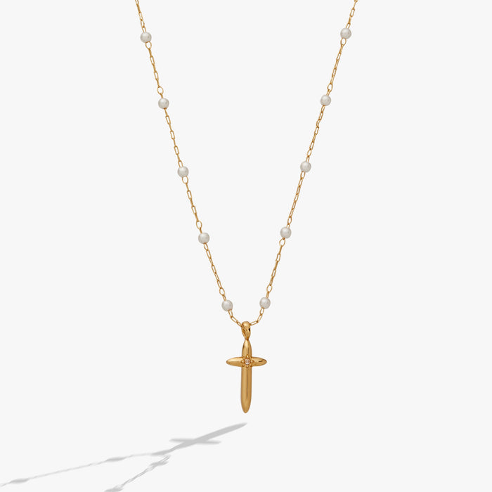 Cross 4:13 Pearl Rosary Chain Pendant Necklace