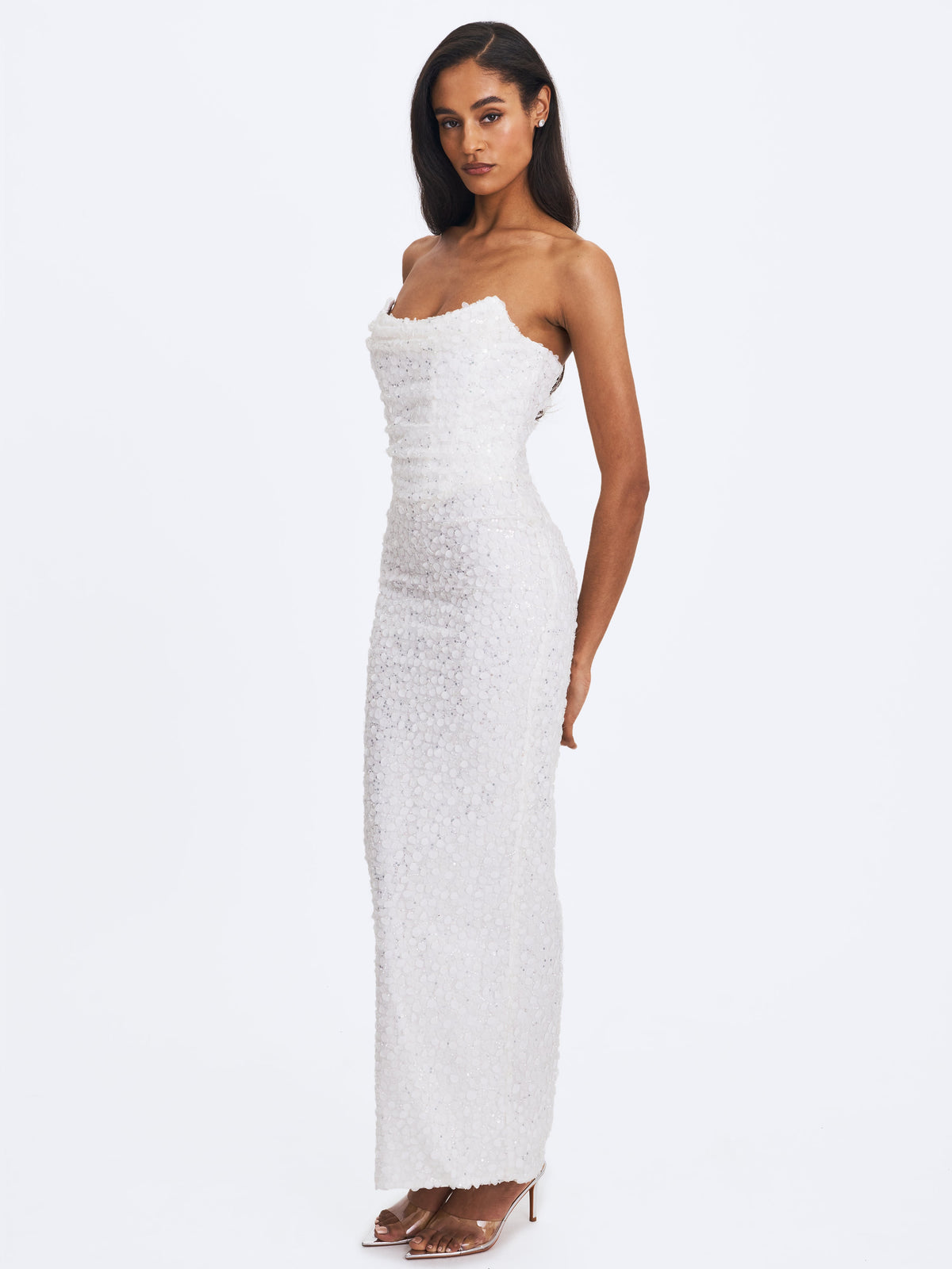 Myra White Beaded Mesh Strapless Wedding Dress