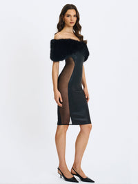 Bellis Black Fur Trim Mesh Panel Off-Shoulder Midi Dress