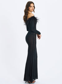 Emberly Black Fur Trimmed Off-Shoulder Rhinestone Mermaid Maxi Dress