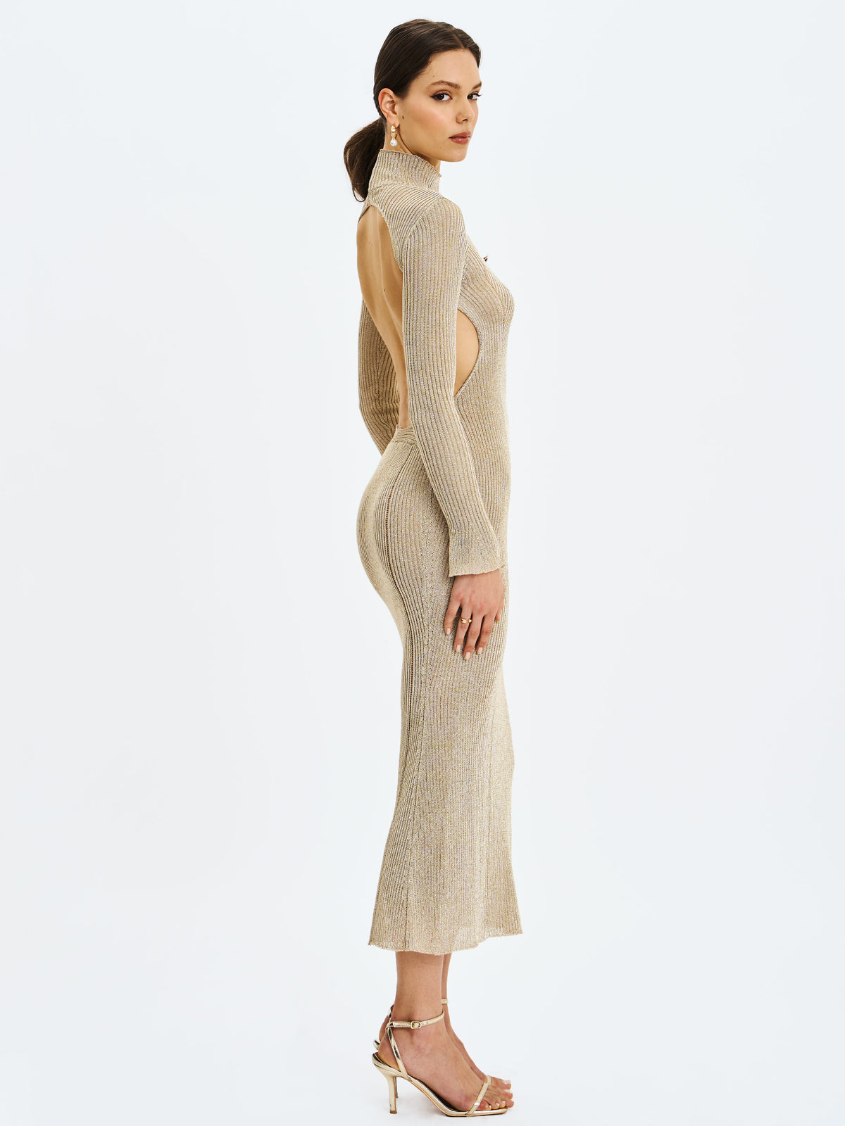 Shay Gold Stretch Knit Backless Long Sleeve Maxi Dress