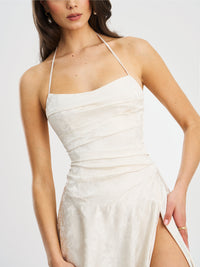 Raegan Pearl White Jacquard Ruched Maxi Dress