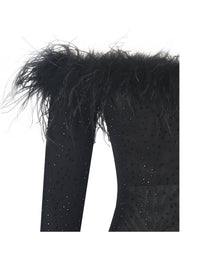 Emberly Black Fur Trimmed Off-Shoulder Rhinestone Mermaid Maxi Dress