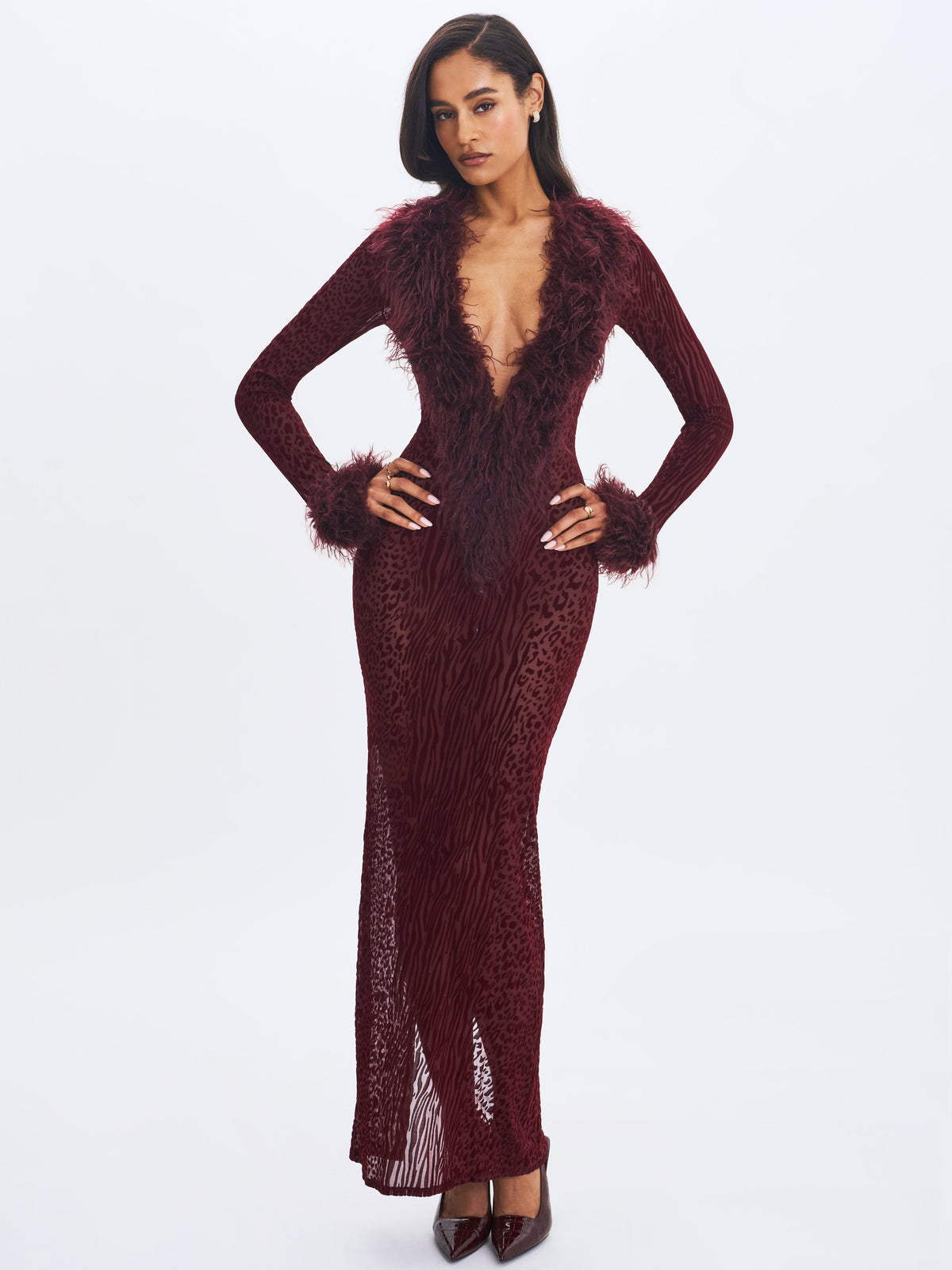 Luana Burgundy Plunging Fur Trimmed Crochet Maxi Dress
