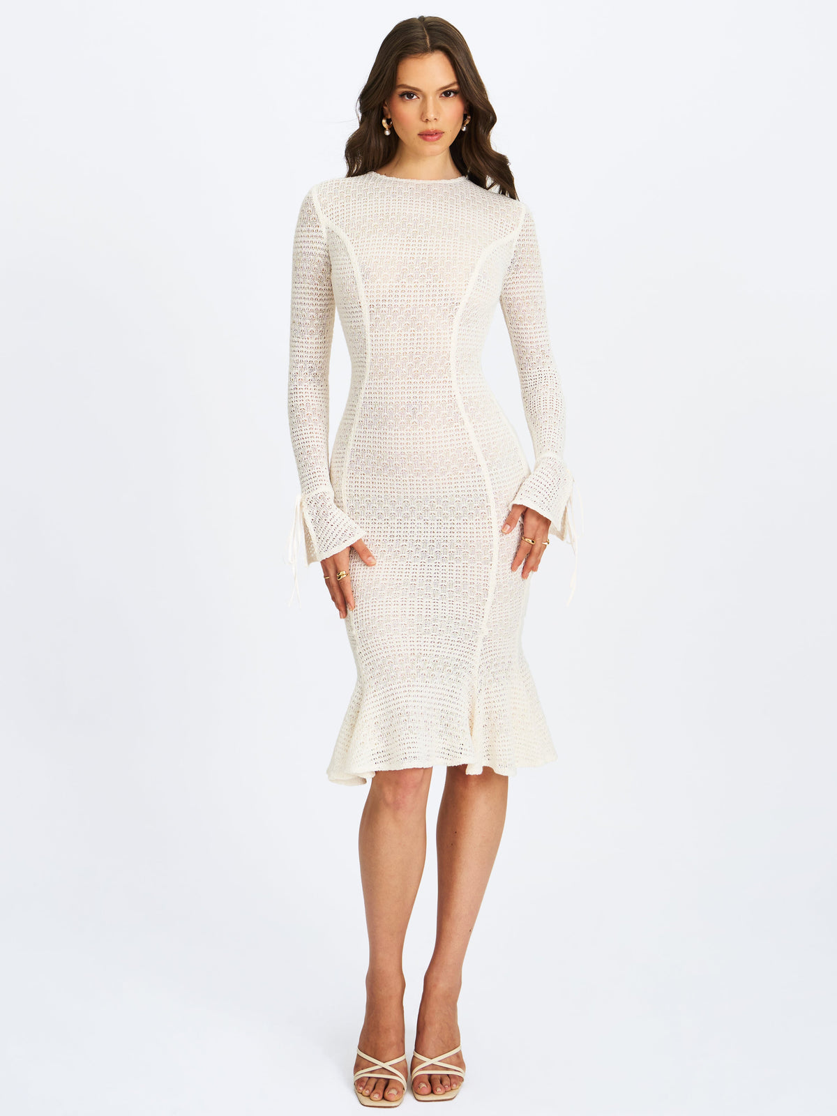 Pamina Beige Crochet Long Sleeve Midi Flare Mermaid Dress
