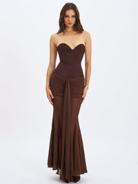 Giovana Espresso Sweetheart Draped Mesh Mermaid Maxi Dress