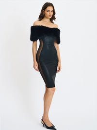 Bellis Black Fur Trim Mesh Panel Off-Shoulder Midi Dress