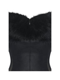 Bellis Black Fur Trim Mesh Panel Off-Shoulder Midi Dress