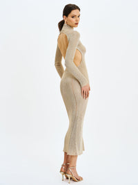 Shay Gold Stretch Knit Backless Long Sleeve Maxi Dress