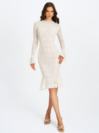 Pamina Beige Crochet Long Sleeve Midi Flare Mermaid Dress