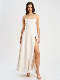 Raegan Pearl White Jacquard Ruched Maxi Dress