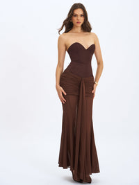 Giovana Espresso Sweetheart Draped Mesh Mermaid Maxi Dress