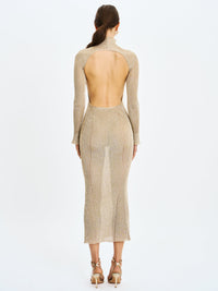 Shay Gold Stretch Knit Backless Long Sleeve Maxi Dress