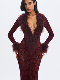 Luana Burgundy Plunging Fur Trimmed Crochet Maxi Dress