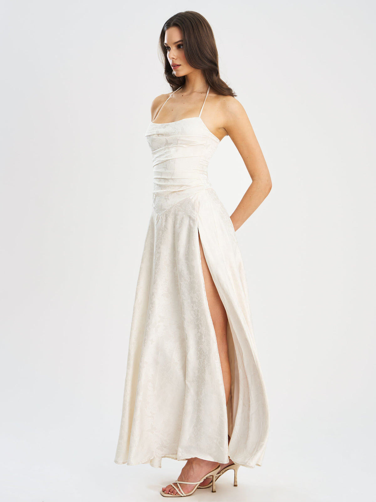Raegan Pearl White Jacquard Ruched Maxi Dress