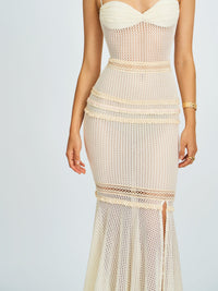 Pallas Beige Lace Trim Crochet Mermaid Maxi Dress
