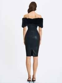 Bellis Black Fur Trim Mesh Panel Off-Shoulder Midi Dress