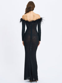 Emberly Black Fur Trimmed Off-Shoulder Rhinestone Mermaid Maxi Dress