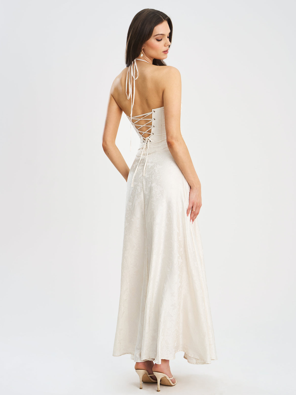 Raegan Pearl White Jacquard Ruched Maxi Dress