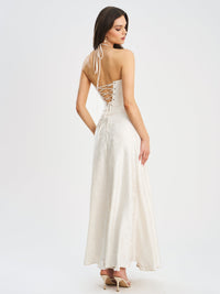 Raegan Pearl White Jacquard Ruched Maxi Dress