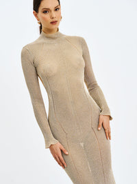 Shay Gold Stretch Knit Backless Long Sleeve Maxi Dress
