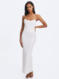 Myra White Beaded Mesh Strapless Wedding Dress