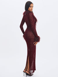 Luana Burgundy Plunging Fur Trimmed Crochet Maxi Dress