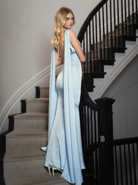 Eira Mist Blue Cowl Scarf-Detail Mermaid Maxi Dress