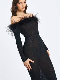 Emberly Black Fur Trimmed Off-Shoulder Rhinestone Mermaid Maxi Dress