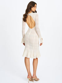 Pamina Beige Crochet Long Sleeve Midi Flare Mermaid Dress