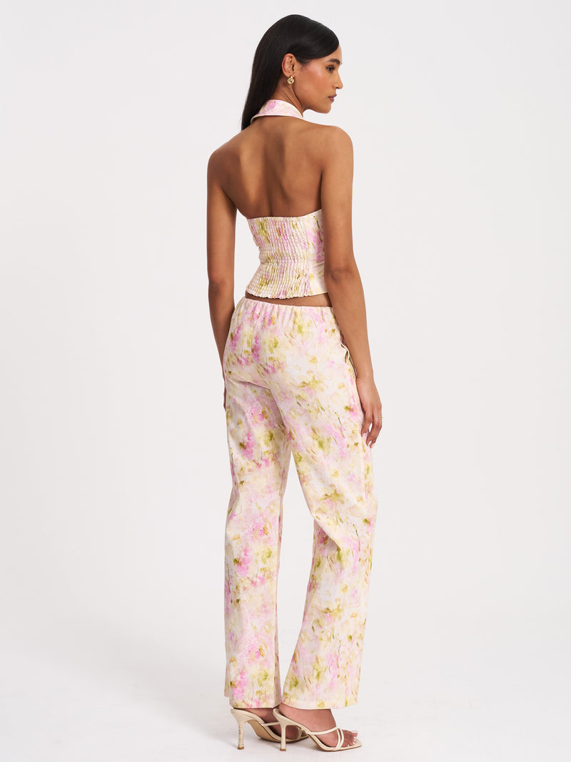 Laureen Pink Floral Print Linen Straight Pants