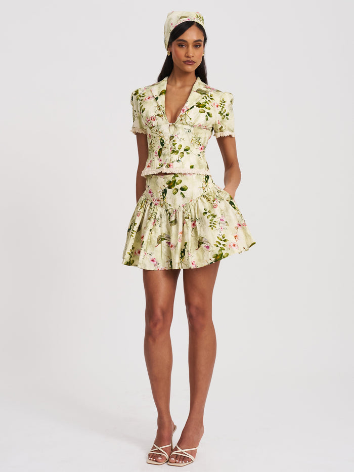 Zanelle Green Floral Print Drop Waist Linen Full Skirt