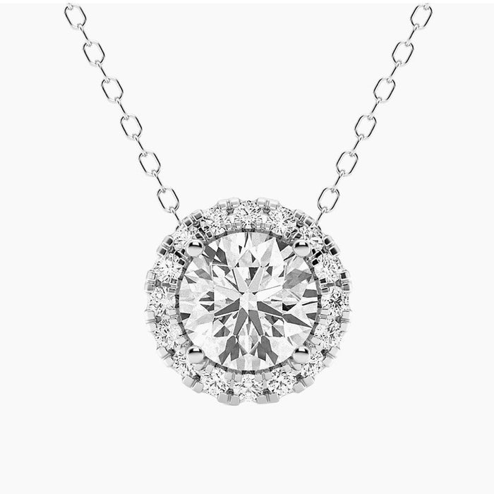 1.50 CTW AGI Certified Lab-Grown Diamond Halo Pendant Necklace in 14kt White Gold