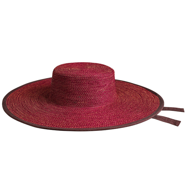 The Lolo Wide-brim Jute Boater Hat in Burgundy