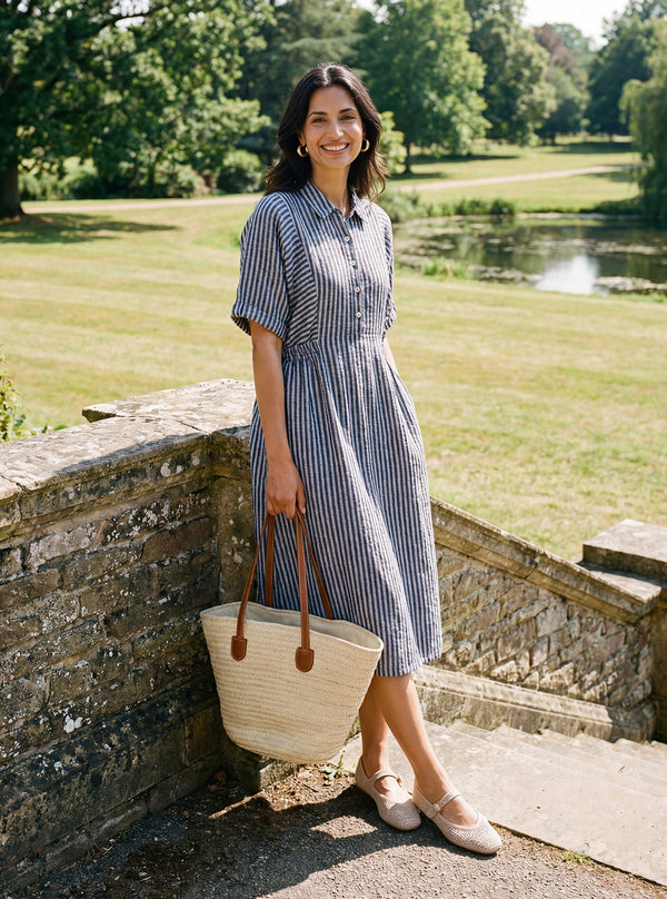 100% Linen Striped Buttoned Front Short Sleeve Midi Shirt Dress CASSANDRA