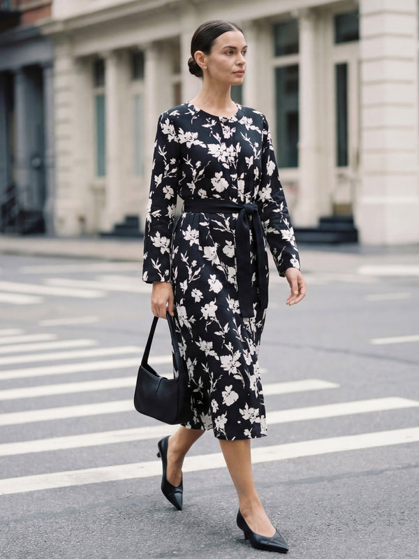 100% Linen Floral Printed Gathered Maxi Dress ELODIE