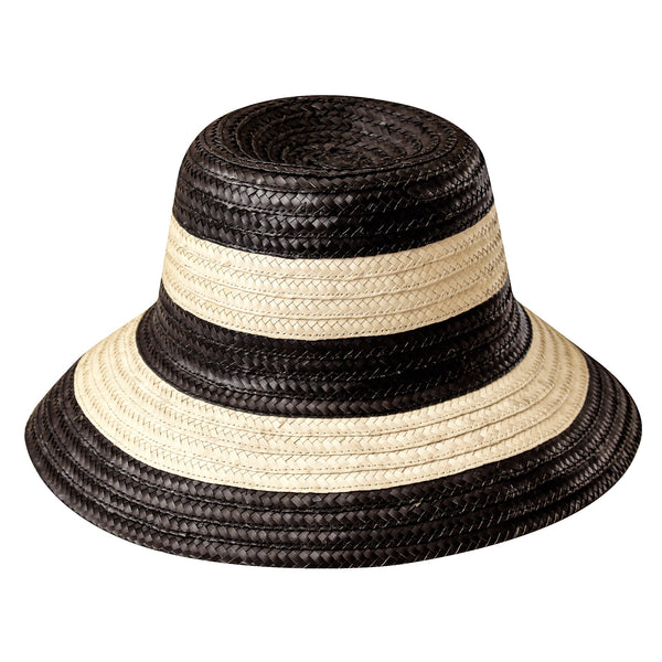 NONA Striped Bucket Palm Straw Hat In Black and Natural