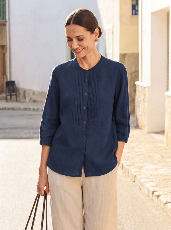 100% Linen Sculpted Accordion Pleat Crew Neck Shirt RANA