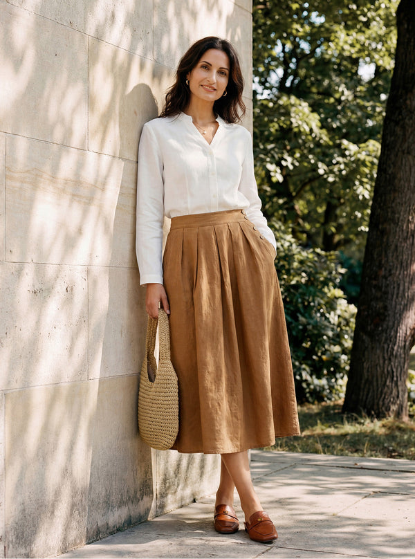 100% Linen Pleated Side Button Skirt LILITH