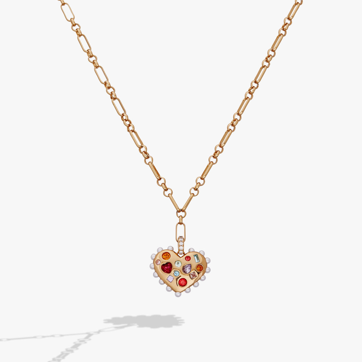 Puffy Heart Gemstone And Pearl Pendant Necklace