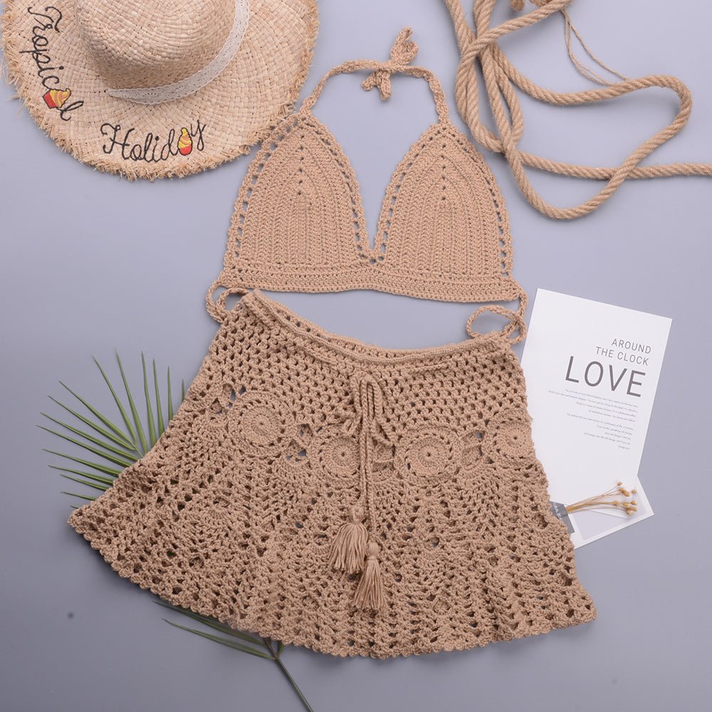 Hollowed out Lotus Bud Short Skirt Split Hand Woven Beach Swimsuit Vacation Two Piece Sets - 02AMSTORY - Bella Mia