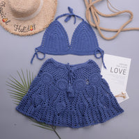 Hollowed out Lotus Bud Short Skirt Split Hand Woven Beach Swimsuit Vacation Two Piece Sets - 02AMSTORY - Bella Mia