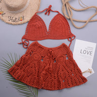 Hollowed out Lotus Bud Short Skirt Split Hand Woven Beach Swimsuit Vacation Two Piece Sets - 02AMSTORY - Bella Mia