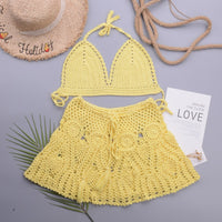 Hollowed out Lotus Bud Short Skirt Split Hand Woven Beach Swimsuit Vacation Two Piece Sets - 02AMSTORY - Bella Mia