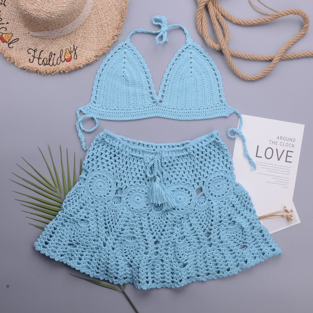 Hollowed out Lotus Bud Short Skirt Split Hand Woven Beach Swimsuit Vacation Two Piece Sets - 02AMSTORY - Bella Mia