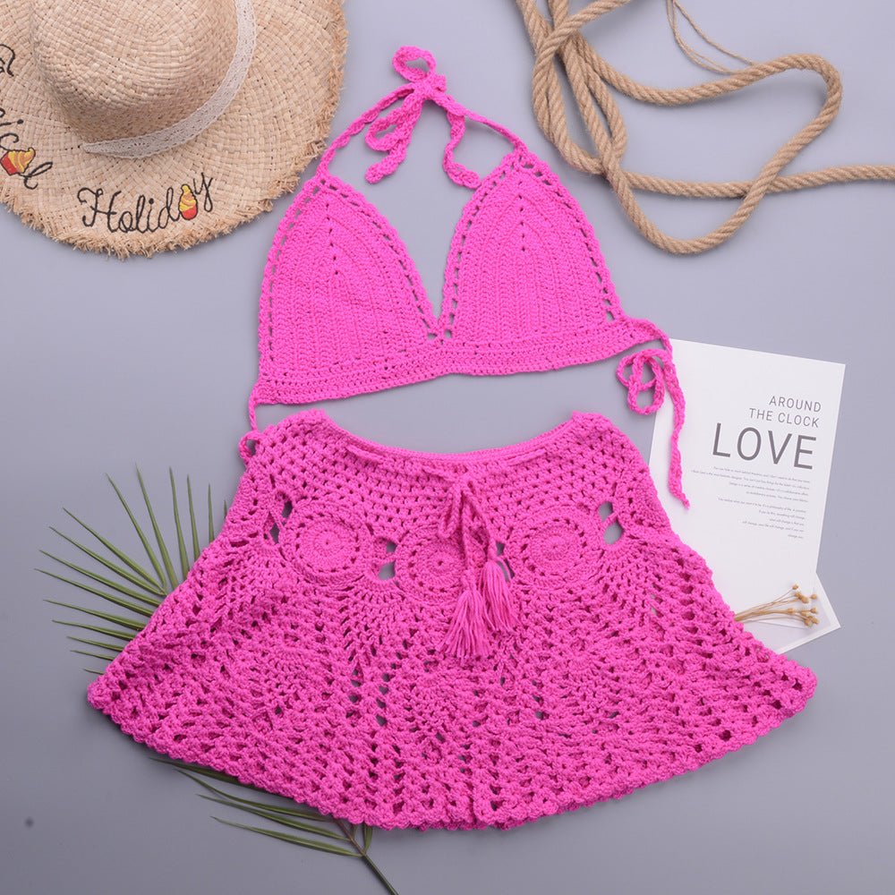 Hollowed out Lotus Bud Short Skirt Split Hand Woven Beach Swimsuit Vacation Two Piece Sets - 02AMSTORY - Bella Mia