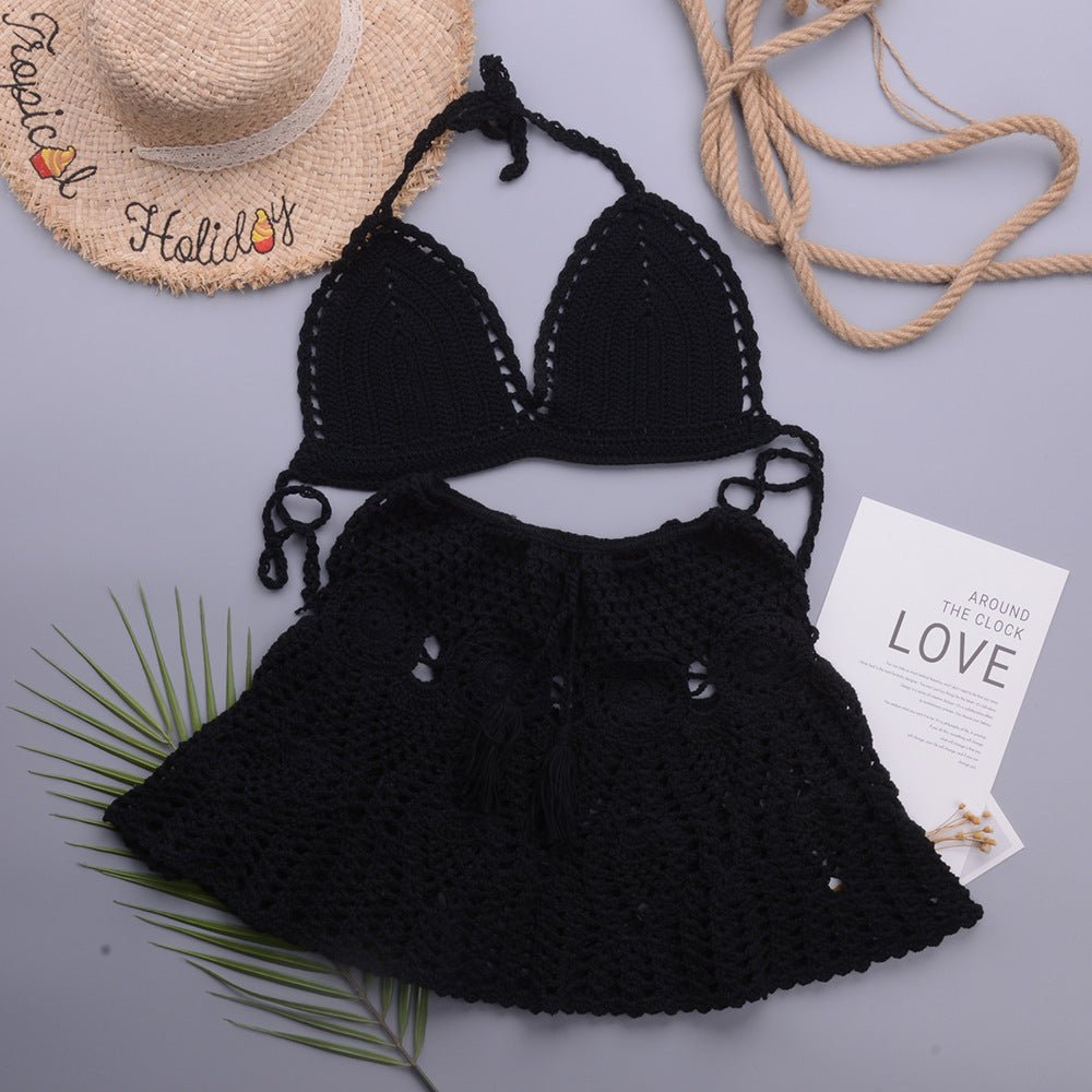 Hollowed out Lotus Bud Short Skirt Split Hand Woven Beach Swimsuit Vacation Two Piece Sets - 02AMSTORY - Bella Mia