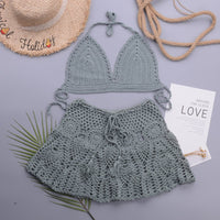 Hollowed out Lotus Bud Short Skirt Split Hand Woven Beach Swimsuit Vacation Two Piece Sets - 02AMSTORY - Bella Mia