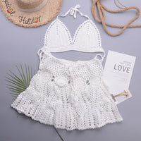 Hollowed out Lotus Bud Short Skirt Split Hand Woven Beach Swimsuit Vacation Two Piece Sets - 02AMSTORY - Bella Mia